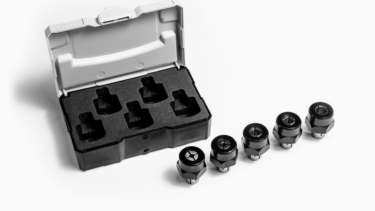 Ce jeu de collets Shaper contient les gradations les plus courantes en pouces et en millimètres jusqu’à 1/4" et 8 mm.